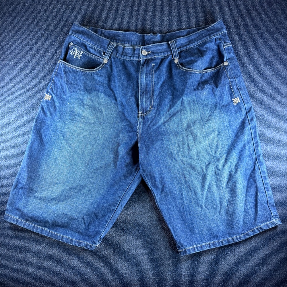Vintage Marc Ecko Cut & Sew Mens Denim Shorts Size 46 Blue Embroidered Baggy Y2K